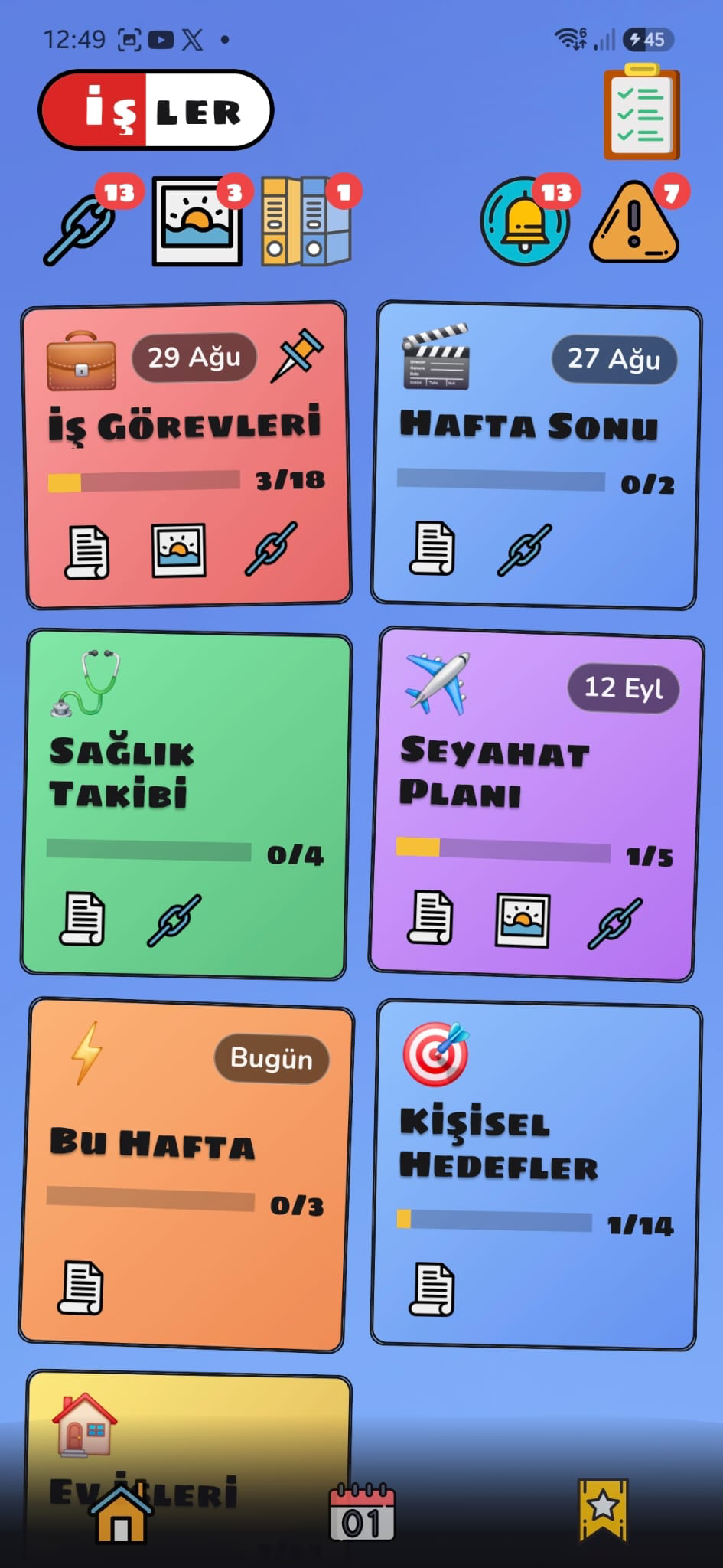 İşler modülü: renkli liste kartları ve ilerleme